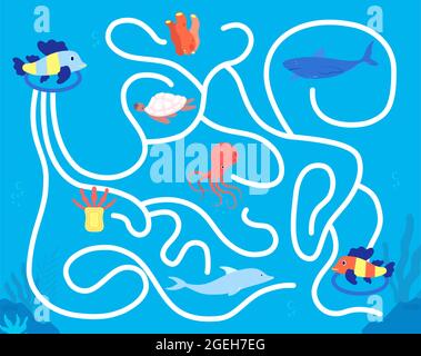 Kinder Labyrinth-Spiel. Kindergarten Freizeit, Spaß bunte Tier Labyrinth. Kinder finden Lösung spielen, Sea Life Puzzle Karte Vektor Illustration Stock Vektor