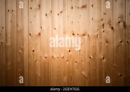 Holzwand aus vertikalen Kiefernplanken, Hintergrund-Foto-Textur mit Vignette-Effekt Stockfoto