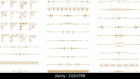 Gewellte Trennwände und Ecken. Königlicher Blumenschmuck, dekorative Bordüre. Gold retro verziertes Monogramm, filigraner Rahmen für Hochzeitseinladung, Weihnachten Stock Vektor