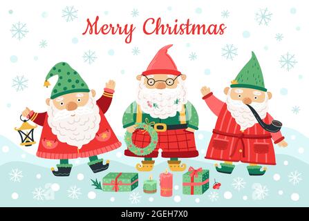 Gnome weihnachtsfiguren. Lustige Zwerge, lächelnde Männer auf Schneehintergrund. Nordische Jahreszeit Hintergrund, Winter Grüße Vektor-Illustration Stock Vektor