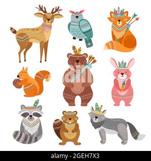 Cartoon-Stammestiere. Cute Wald Illustration, Boho Fuchs Wolf Hirsch. Tapferer Waldbär, Federpfeil, lustige Wildlife-Vektorfiguren Stock Vektor