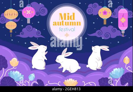 Chinesisches Herbstfest. Festlicher Vollmond, glücklicher Cartoon-Hase mit Blumen. Niedliche Hasen, asiatische Laterne und Dekorationen Vektor-Banner Stock Vektor
