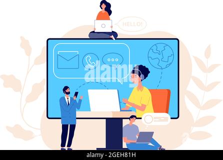 Kontaktieren Sie uns Konzept. Unternehmens-Website, Call Center oder Help Line Community. Kreative Menschen arbeiten moderne Support-Service-Vektor-Illustration Stock Vektor
