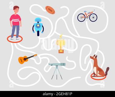 Spaß Labyrinth-Spiel. Kinder Labyrinth, Bildung Kindergarten Kinder Puzzle-Spiel. Finden Sie Lösung, Hilfe zu Junge wählen richtige Straße Vektor Illustration Stock Vektor