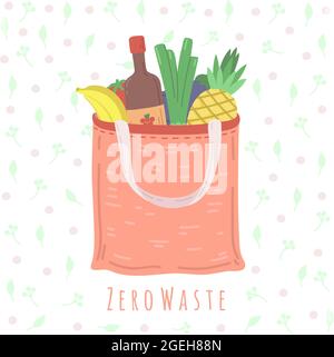 Öko Lebensmittelbeutel. Lebensmittelgeschäft Paket, Zero Waste Shopping Konzept Textilverpackung. Keine plastische, vegane organische Lifestyle-Vektor-Illustration Stock Vektor