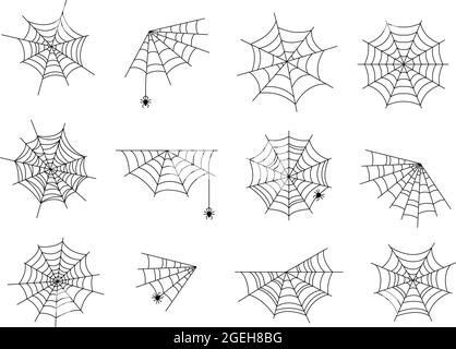 Spinnennetze. Schwarzes halloween Spinnennetz, Horrornetz mit Spinnen. Abstraktes gruseliges Tattoo, isolierte Ecke Natur gossamer Vektor-Illustration Stock Vektor