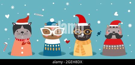 Weihnachtskatzen im Loch. Kätzchen in Winterkleidung, weihnachtsmütze und Schals. Cartoon Weihnachten Neujahrsgrüße Banner mit niedlichen Haustiere Schneeflocken Süßigkeiten Stock Vektor