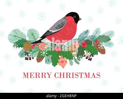 Vogel Winter Banner. Weihnachtswald, Gimpel an der natürlichen Außengrenze. Urlaub Beeren Kegel, traditionelle Neujahr Dekor Vektor Illustration Stock Vektor