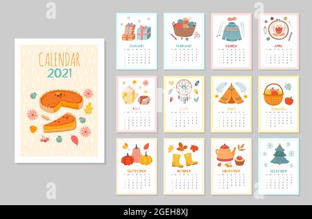 Gemütlicher Wandkalender 2021. Monatliche Kalender, Styling Home Hygge Zeitplan. Flacher Saisonplaner mit Kaffeepflanzen warme Kleidung Vektor-Vorlage Stock Vektor