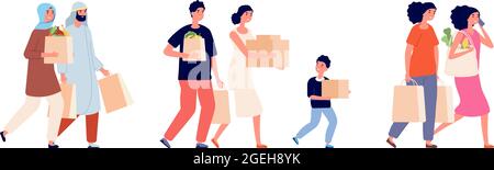 Menschen mit Papiertüten. Zero Waste Familie, Einkaufszeit. Mann Frau hält Kartons und verpackt Vektor-Set Stock Vektor