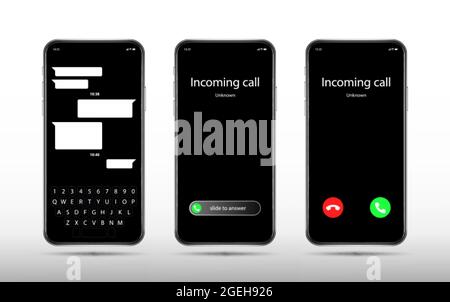 Bildschirm für Telefongespräche und Chats. Realistisches Smartphone-Mockup, eingehender Anruf. Akzeptieren Ablehnen-Taste und Schieberegler, mobile Tastatur Vektor-Vorlage Stock Vektor