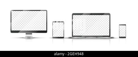 Realistisches Gerätemockup. Smartphone, Monitor-Laptop und Tablet mit transparentem Bildschirm. Isolierte Vektorgrafik für mobile Geräte Stock Vektor