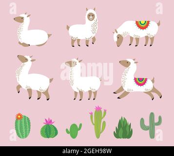 Weißes Lama-Set. Niedliche Alpaka, Cartoon Wolle wilden Südamerika Tiere. Kindliche Lamas Zeichen und Kaktus Vektor Illustration Stock Vektor