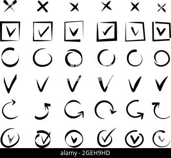 Handgezeichnete Markierungen. Checklisten-Schilder, Doodle-Marker-Zeichnung Häkchen. Isolierte Annahme von Stimmen und True, Cross und Correct Icons Vector Set Stock Vektor