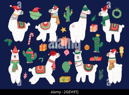 Weihnachtsalpaka. Lustige Winter Lama, Urlaub niedlichen exotischen Tieren. Scandinavian lama und Kaktus, Cartoon Kinder Wildlife Charaktere Vektor-Set Stock Vektor