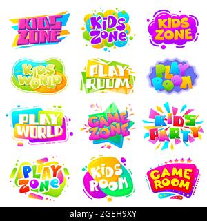 Kinderzonenbeschriftungen. Fun Kid Spiel Logo, Sport Party Gaming Zeichen. Spielzimmer Kinder Unterhaltung Banner, Spielplatz Texting Aufkleber Vektor-Set Stock Vektor