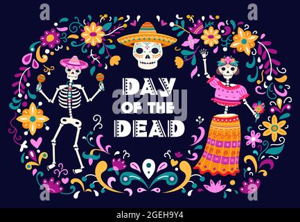 Poster zum Tag der Toten. Mexikanische Zuckerschädel, Todesfrau Mann tanzen Skelette. Farbige Blumen Dekorationen, mexiko latein Party Vektor Flyer Stock Vektor