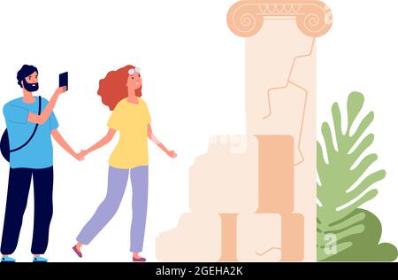 Ausflug. Touristen beobachten alte Ruinen, der Mensch macht Fotos. Mann Frau Reisende, Karikatur Paar zusammen Reise Vektor Illustration Stock Vektor
