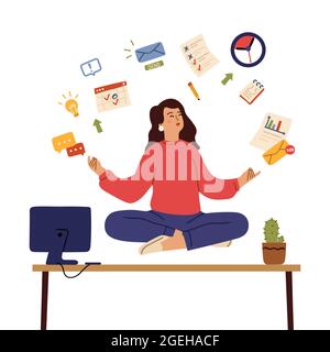 Geschäftsfrau meditiert. Beruhigen Sie Emotionen, heilen Sie Körper und Geist im Büro. Mädchen steuern Stress mit Yoga-Meditation, Balance-Vektor-Konzept Stock Vektor