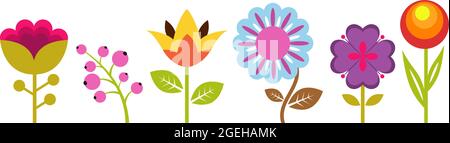 Gartenelemente. Flache Blüten, frühlingshafte florale Elemente. Isolierte bunte Natur Ikonen, blühende Pflanzen Vektor-Set Stock Vektor