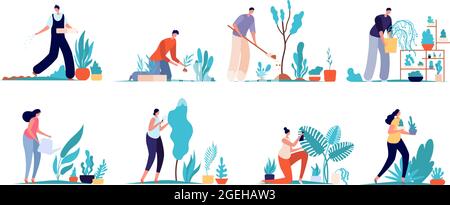 Gartenarbeit. Gartencharaktere, landwirtschaftliche Arbeitskräfte. Cartoon Gärtner Mann Frau Pflege grüne Blumen, eco Hobby Utter Vektor-Set Stock Vektor