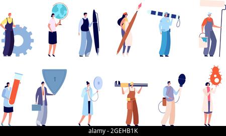 Diverse professionals characters. Business woman, people of art design insurance health. Workers hold shield bacteria globe utter vector set Stock Vektor