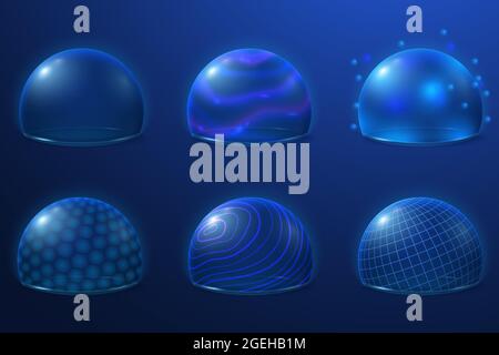 Blasenabschirmungen. Schützen Sie Feld, futuristische Energie Kraft Sicherheitsblasen. Transparente Plasmaoberfläche, 3d-Sicherheitsschutz, aktueller Vektorsatz Stock Vektor