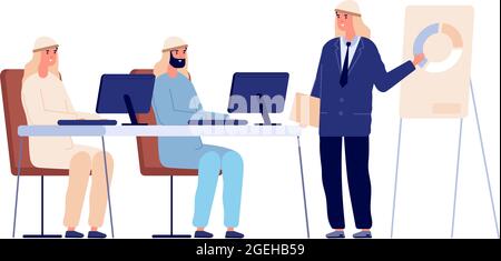 Konzept der Produktpräsentation. Mann in der Nähe von Bord im Büro, professionelle Prüfungsausbildung oder Geschäftstreffen. Arab Geschäftsmann arbeiten Vektor-Charakter Stock Vektor
