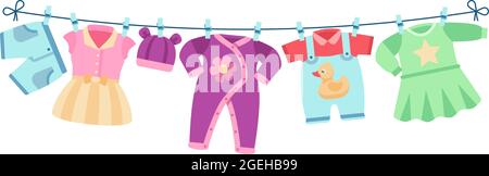 Flache Kinderkleidung. Bunte Kleider, kleine Kinder Unisex-Kleidung auf Wäscheleine. Isoliertes Element für Geburtstag oder Baby Dusche Vektorkarten Stock Vektor
