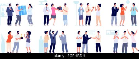 Kollegen klatschen. Dankbare Geschäftsleute, Mann Frau unterstützen Mitarbeiter. Office enthusiastische Charaktere klatschen in die Hände und geben Vektorset Stock Vektor