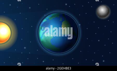 Tagesnachtszyklus. Sonnenlicht auf dem Planeten Erde, realistische Sonne und Mond. Hintergrund Astronomie, Strahl im Weltraum oder Sonnensystem abstrakter Vektor Banner Stock Vektor