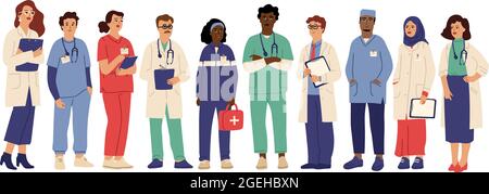 Krankenhaus-Team. Medizinische Mitarbeiter in Uniform, Gesundheitsarbeiter Administrator Arzt Krankenschwester. Apotheker Klinik Mitarbeiter schwülige Vektor-Zeichen Stock Vektor