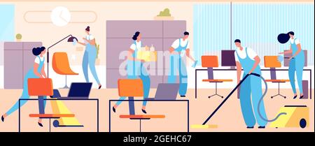 Reinigungskräfte im Büro. Cartoon Frau sauber, professionelle Hygiene-Service-Team. Weibliche männliche Reiniger in einheitlicher Utter-Vektor-Illustration Stock Vektor