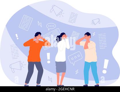 Informationsrauschen. Stoppen Sie Fake News, betrüben Sie Desinformation oder Werbung. Menschen decken Augen Ohr oder Gesicht, besorgt Mann Frau äußern Vektor-Konzept Stock Vektor