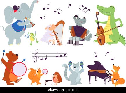 Tiere mit Instrumenten. Wilde Musikfiguren, Schafe spielen im Orchester. Baby Cartoon Musiker, Konzert im Zoo anständige Vektor-Illustration Stock Vektor