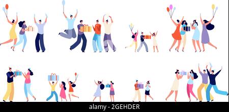 Menschen mit Geschenken. Personalisierte Geschenk, glückliche Person geben Boxen. Weihnachtsfiguren, Bonus oder Freunde Geburtstagsfeier Utter Vektor-Set Stock Vektor