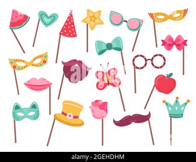 Fotokabine Requisiten. Faschingszubehör, Maske aus fotozahnem Kostüm-Elementen. Farbe Geburtstag Hochzeit Party vintage genaue dekorative Vektor-Set Stock Vektor