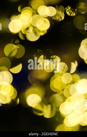 Verschwommenes weihnachtslicht abstrakter Hintergrund vor dunkler Kulisse. Kreisförmige Reflexionen von Weihnachtslichtern Stockfoto