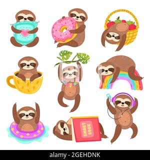 Niedliche Faultiere. Lustige, schlampige Faultiere, isolierter, wilder Dschungelcharakter. Cartoon Tier auf Regenbogen-Zweig, in Kaffee-Tasse unter Buch genaue Vektor-Set Stock Vektor