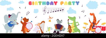 Geburtstagsmusik Tiere. Musiker spielen Instrument, Feier niedlichen Zeichen Baby Dusche Banner. Anständige Partei Karte Vektor Hintergrund Stock Vektor