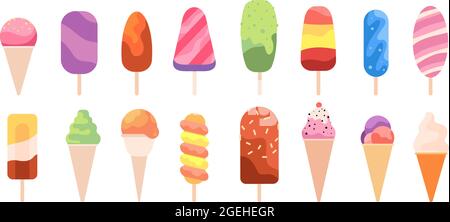 Eis aus dem Eis. Sommerliche cremige Speisen, gefrorene Süßstäbchen. Isolierte Dessert-Snacks, Früchte Vanille Schokolade Waffelkegel Utter Vektor-Set Stock Vektor