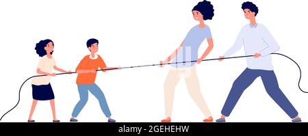 Familienspiel. Kind Eltern ziehen Seil, Tauziehen des Krieges spielen Erwachsene Kinder. Relationship Balance oder Generationenwettbewerb Utter Vektor Konzept Stock Vektor