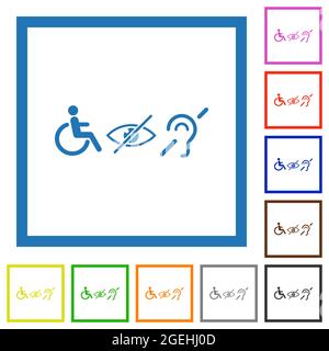 Behindertensymbole flache Farbsymbole in quadratischen Rahmen auf weißem Hintergrund Stock Vektor