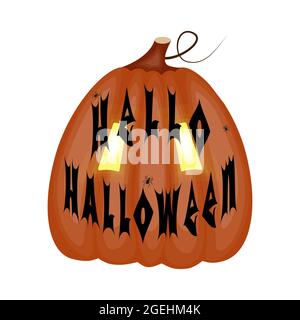 Schrecklicher Kürbis für Halloween mit Schriftzug Hallo Halloween, Element zur Gestaltung von Postkarte, Hintergrund, Hintergrund, Herzlichen Glückwunsch. Vektorgrafik Stock Vektor
