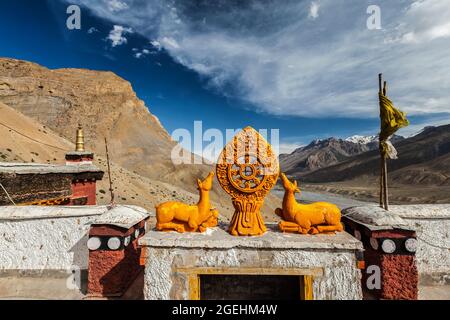 Dharmachakra Rad des Lebens im tibetisch-buddhistischen Kloster Key gompa. Spiti Valley, Himachal Pradesh, Indien Stockfoto