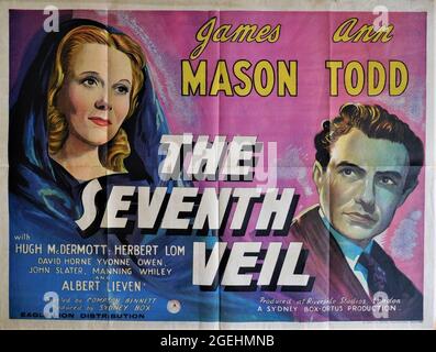 Originalveröffentlichung Britisches Quad-Poster für JAMES MASON und ANN TODD im SIEBTEN SCHLEIER 1945 Regisseur COMPTON BENNETT Originalgeschichte / Drehbuch Muriel und Sydney Boxmusik Benjamin Frankel produzierte in den Riverside Studios London Ortus Films / Sydney Box Productions / Eagle-Lion Distribution Stockfoto