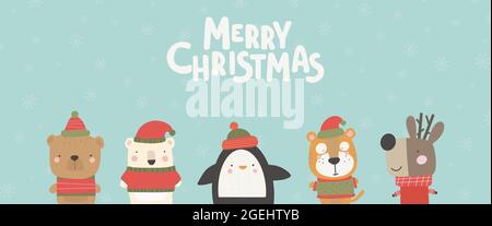 Weihnachtskarte mit niedlichen Tieren. Handgezeichnete Zeichen. Grußkarte Vektorgrafik Stock Vektor