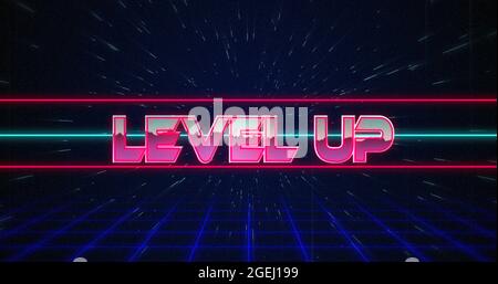 Retro Level Up Text glitching over blue and Red lines 4k Stockfoto