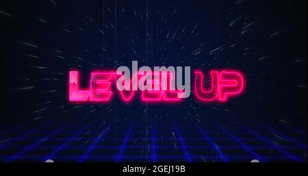 Retro Level Up Text glitching over blue and Red lines 4k Stockfoto