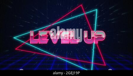 Retro Level Up Text glitching over blue and Red Triangles on white Hyperspace effect Stockfoto